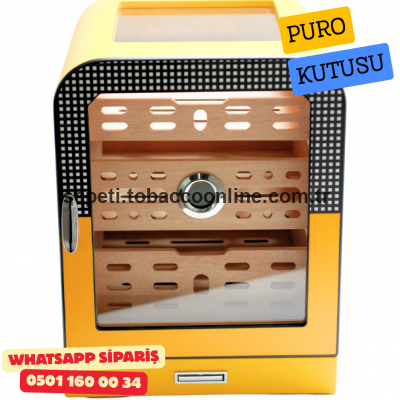 Cohiba - Aksesuar Çekmeceli Camlı Sedir Humidor Puro Kutusu (Sarı–Siyah)