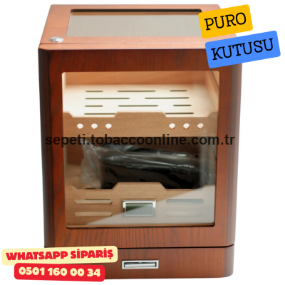 Kahverengi Aksesuar Çekmeceli Camlı İçi Ledli Humidor Puro Kutusu Kahverengi Aksesuar Çekmeceli Camlı İçi Ledli Humidor Puro Kutusu