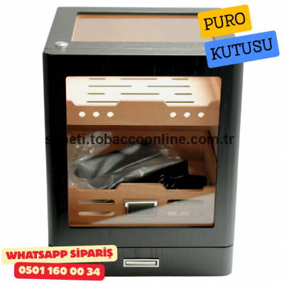 Siyah Aksesuar Çekmeceli Camlı İçi Ledli Humidor Puro Kutusu Siyah Aksesuar Çekmeceli Camlı İçi Ledli Humidor Puro Kutusu