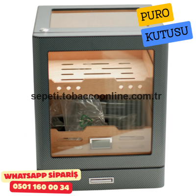 Karbon Aksesuar Çekmeceli Camlı İçi Ledli Humidor Puro Kutusu